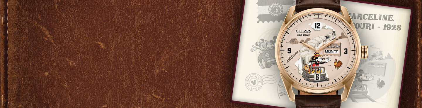 Disney Watches: Featuring image of Hometown Mickey Mouse watch model AW0088-04W on a leather background