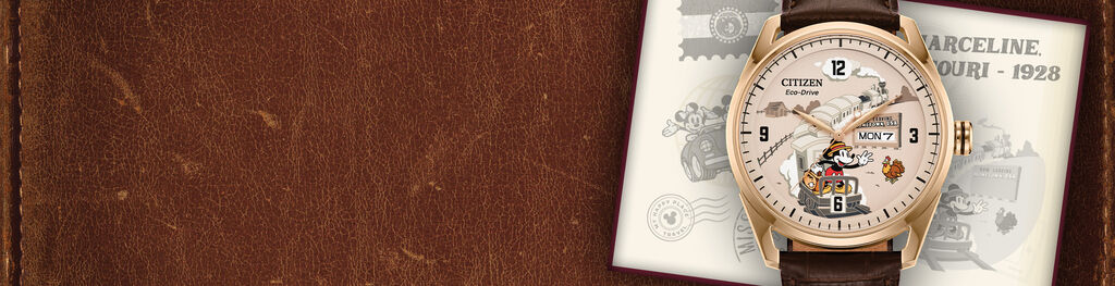 Disney Watches: Featuring image of Hometown Mickey Mouse watch model AW0088-04W on a leather background