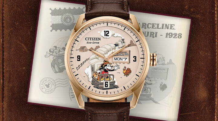 Disney Watches: Featuring image of Hometown Mickey Mouse watch model AW0088-04W on a leather background