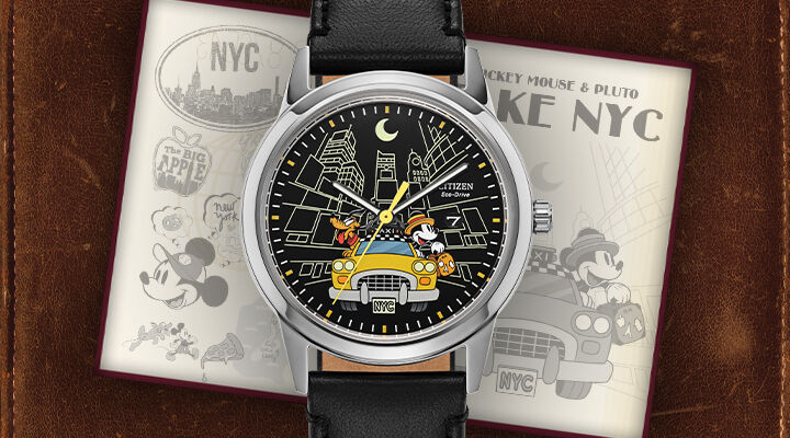 Women's Disney Watches; Featuring Mickey Mouse & Pluto Take NYC watch model AW1860-01W on a leather background