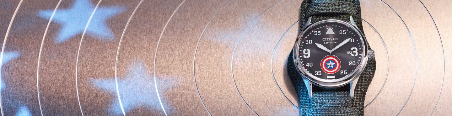 Image of Captain America Forever watch on a decorative target background with stars.