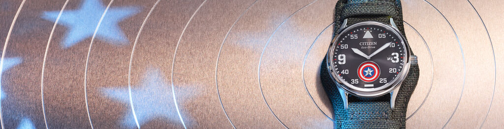 Image of Captain America Forever watch on a decorative target background with stars.