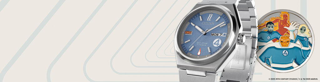 Citizen | Marvel featuring an image of The Fantastic 4: First Steps watch model AW0131-66W and coin.
