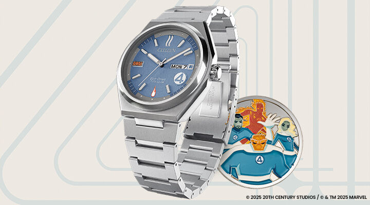 Citizen | Marvel featuring an image of The Fantastic 4: First Steps watch model AW0131-66W and coin.