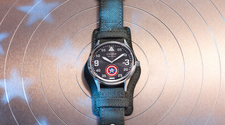 Image of Captain America Forever watch on a decorative target background with stars.