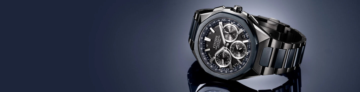 Shop Men's New Arrivals banner, featuring ATTESA watch model CC4106-74E on a reflective navy background