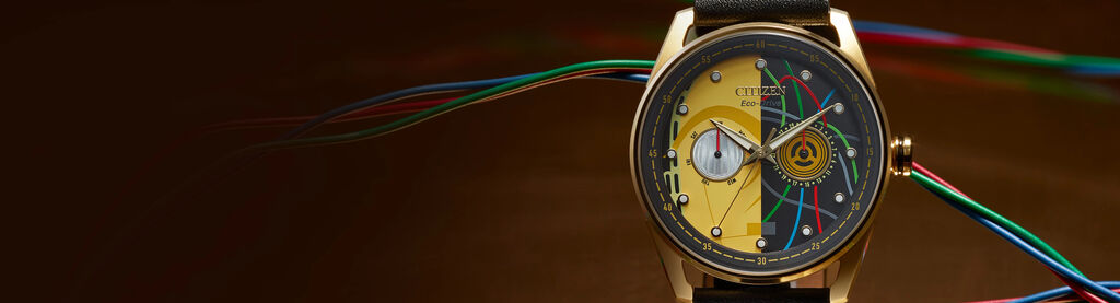 Image of a C-3PO Rewired watch model BU4026-05W on a bronze background with wires