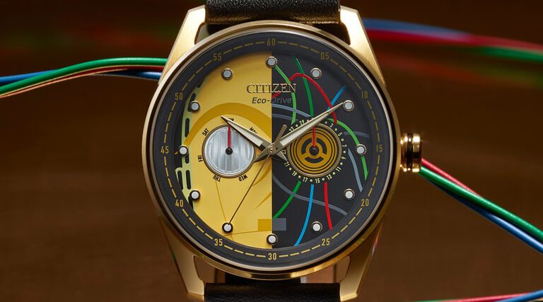Image of a C-3PO Rewired watch model BU4026-05W on a bronze background with wires